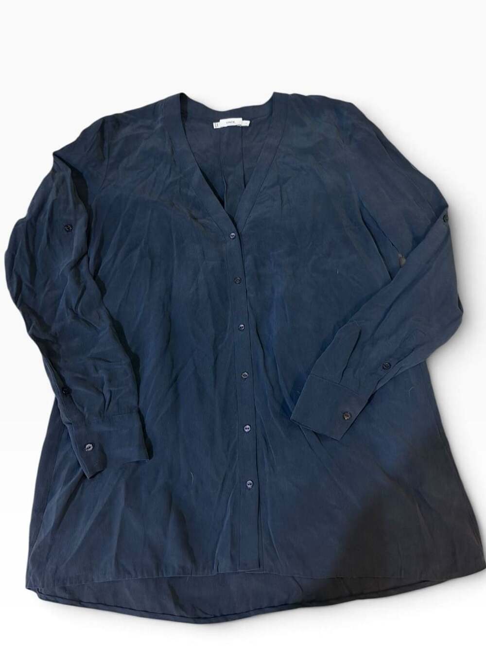 Vince 100% Silk Blouse size S Black/Dark Grey V-Neck Long Sleeve Button Down